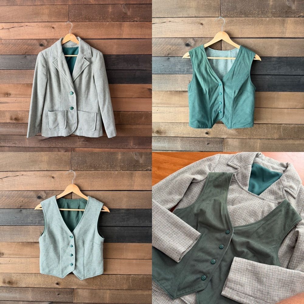 Vintage Blazer and Reversible Vest Set Green Textured Weave